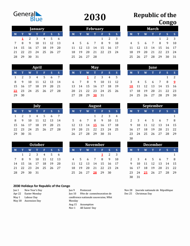 2030 Republic of the Congo Holiday Calendar