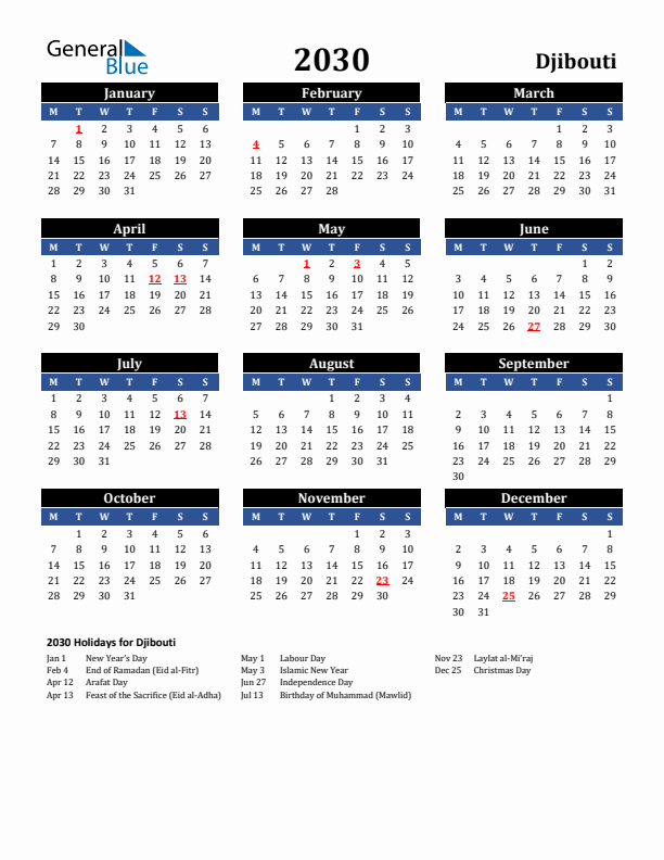 2030 Djibouti Holiday Calendar