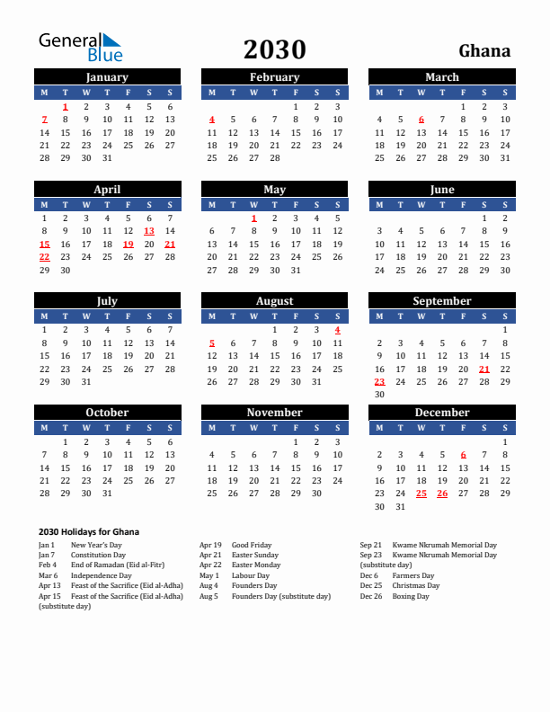 2030 Ghana Holiday Calendar