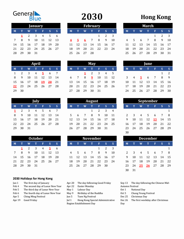 2030 Hong Kong Holiday Calendar