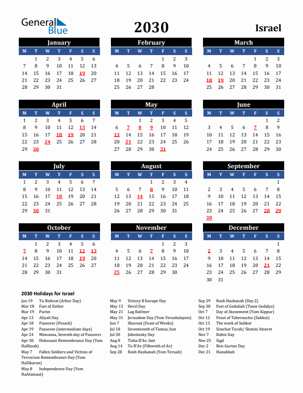 2030 Israel Holiday Calendar
