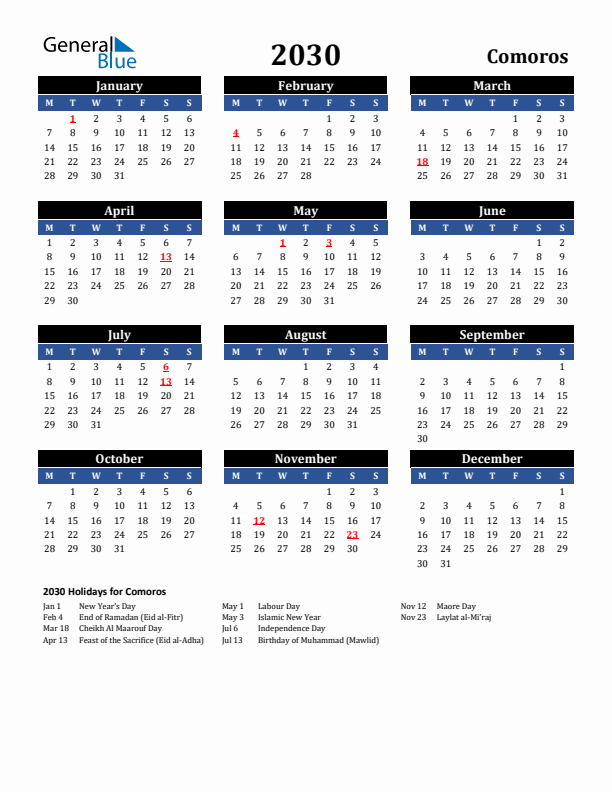2030 Comoros Holiday Calendar