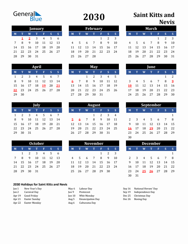 2030 Saint Kitts and Nevis Holiday Calendar