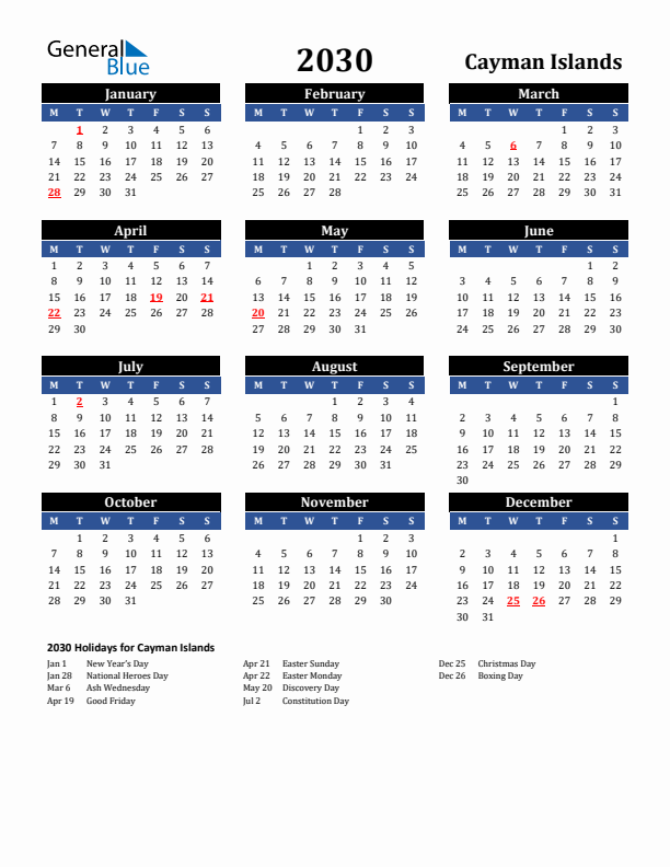 2030 Cayman Islands Holiday Calendar