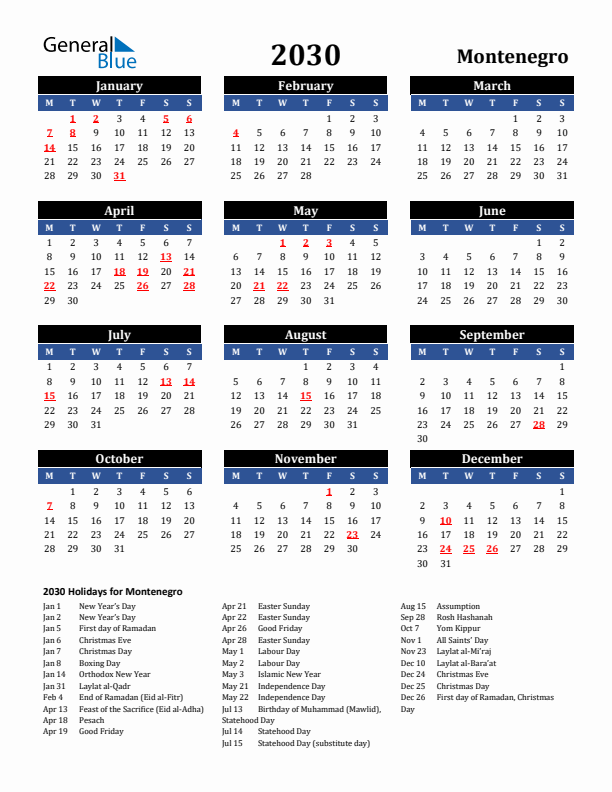 2030 Montenegro Holiday Calendar