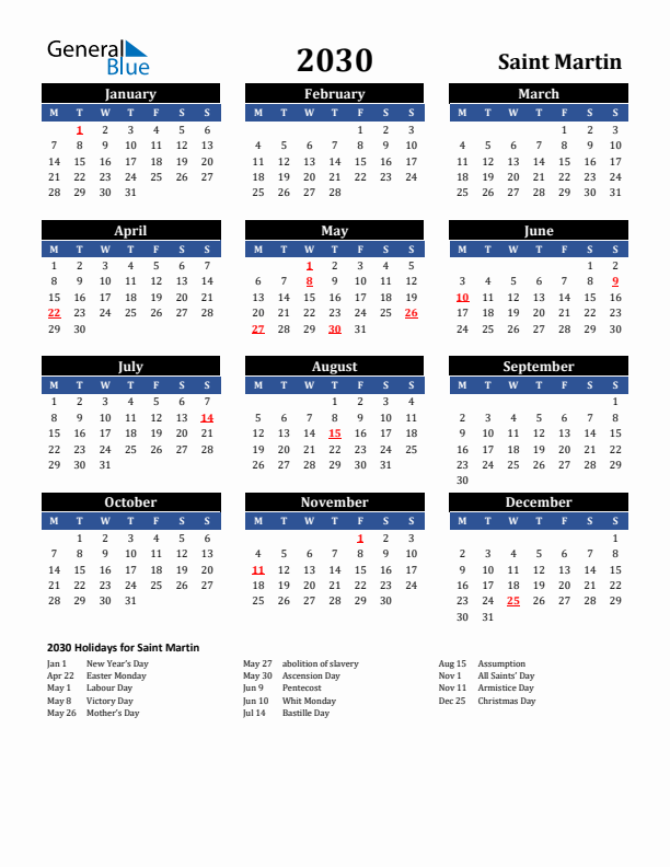 2030 Saint Martin Holiday Calendar