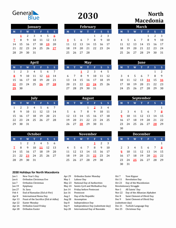 2030 North Macedonia Holiday Calendar