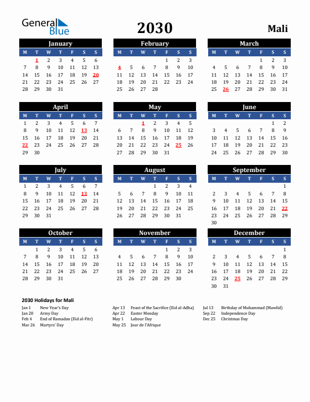 2030 Mali Holiday Calendar