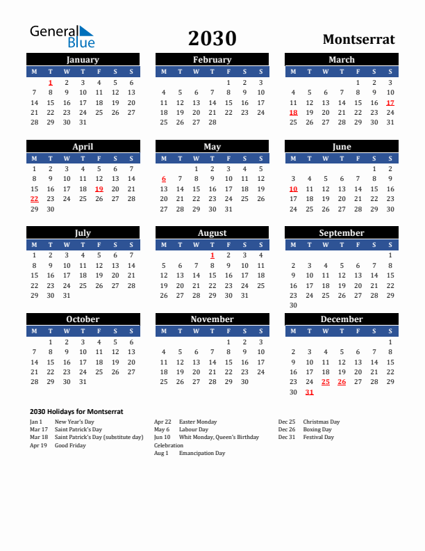2030 Montserrat Holiday Calendar