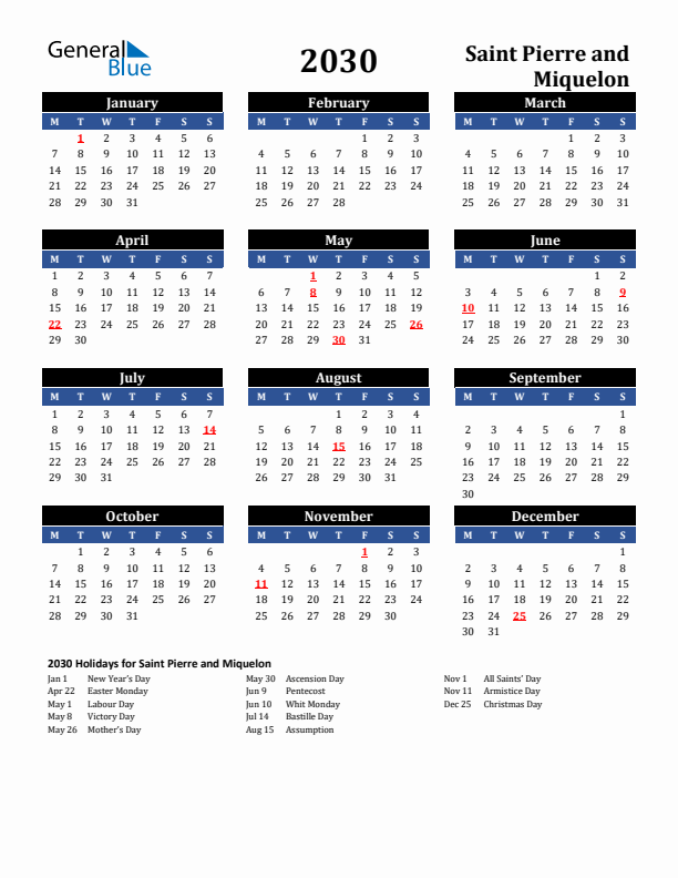 2030 Saint Pierre and Miquelon Holiday Calendar