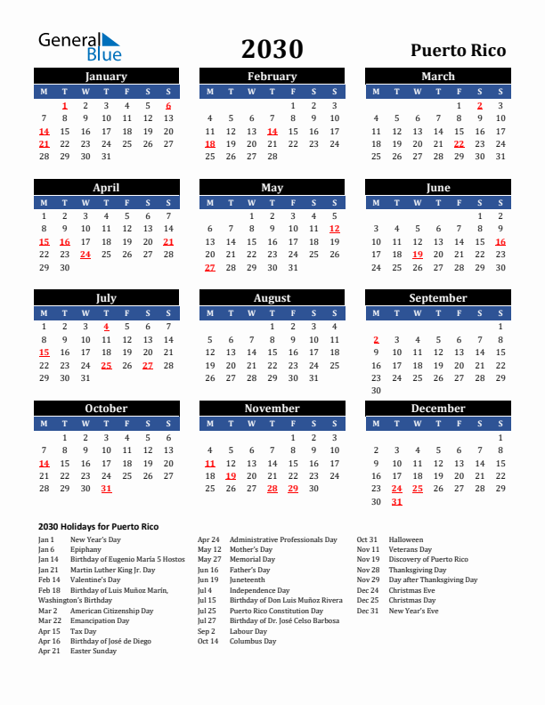 2030 Puerto Rico Holiday Calendar