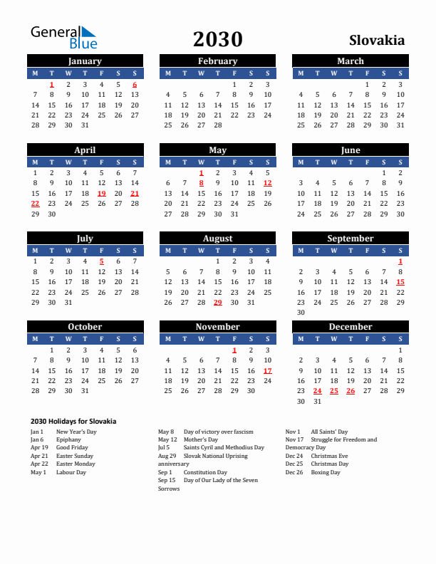 2030 Slovakia Holiday Calendar