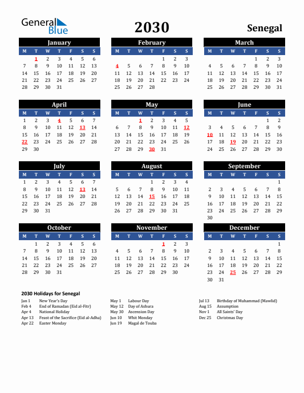 2030 Senegal Holiday Calendar