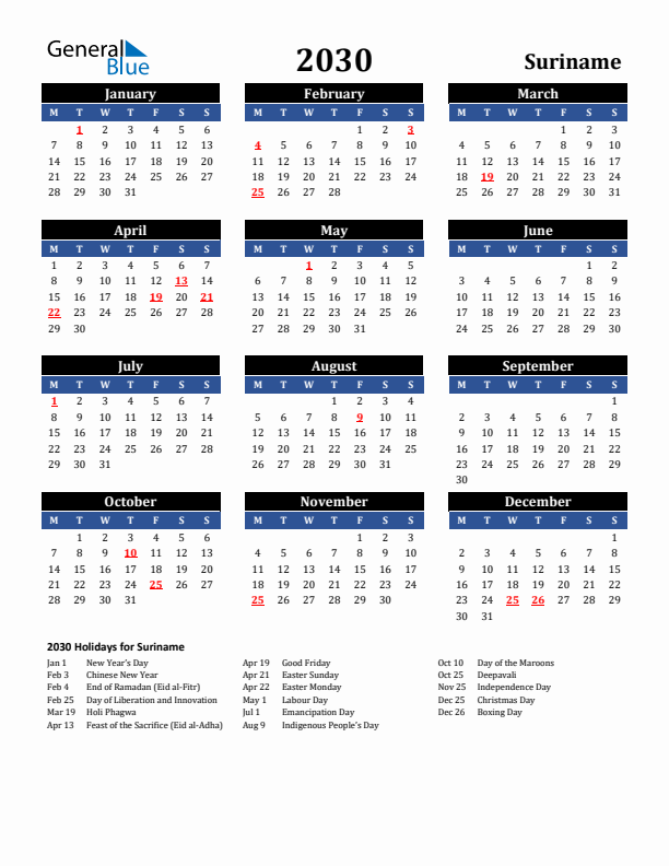 2030 Suriname Holiday Calendar