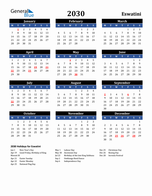 2030 Eswatini Holiday Calendar