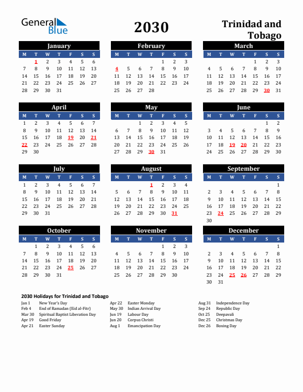2030 Trinidad and Tobago Holiday Calendar