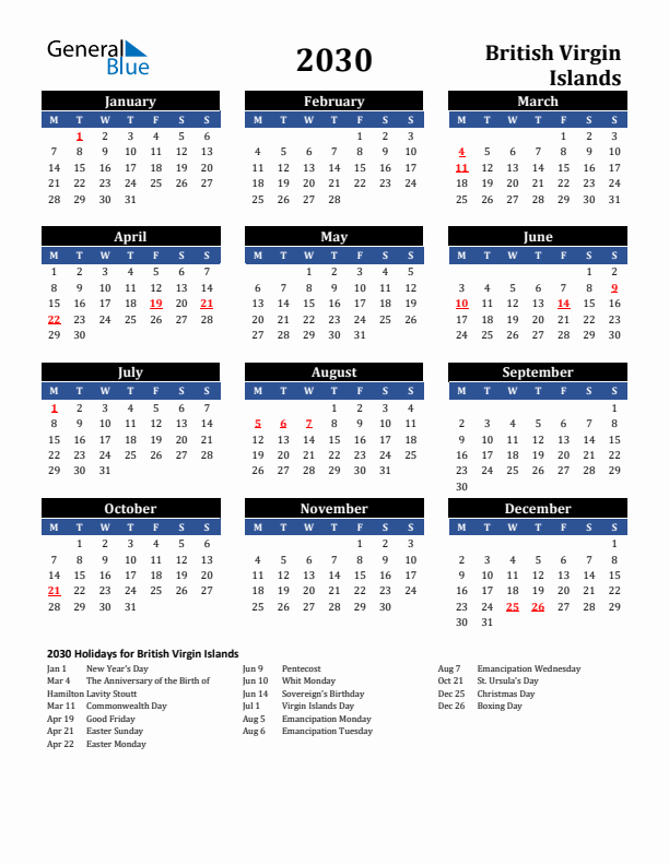 2030 British Virgin Islands Holiday Calendar