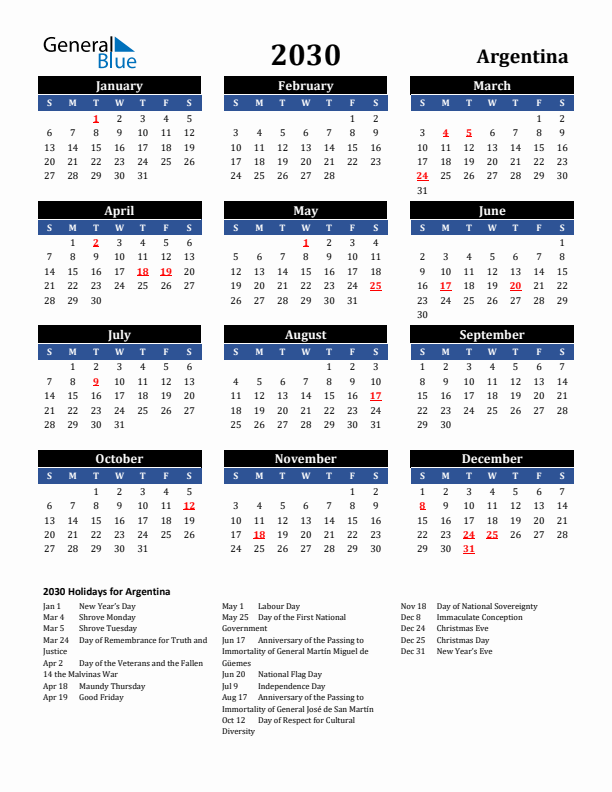 2030 Argentina Holiday Calendar
