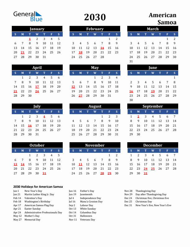 2030 American Samoa Holiday Calendar