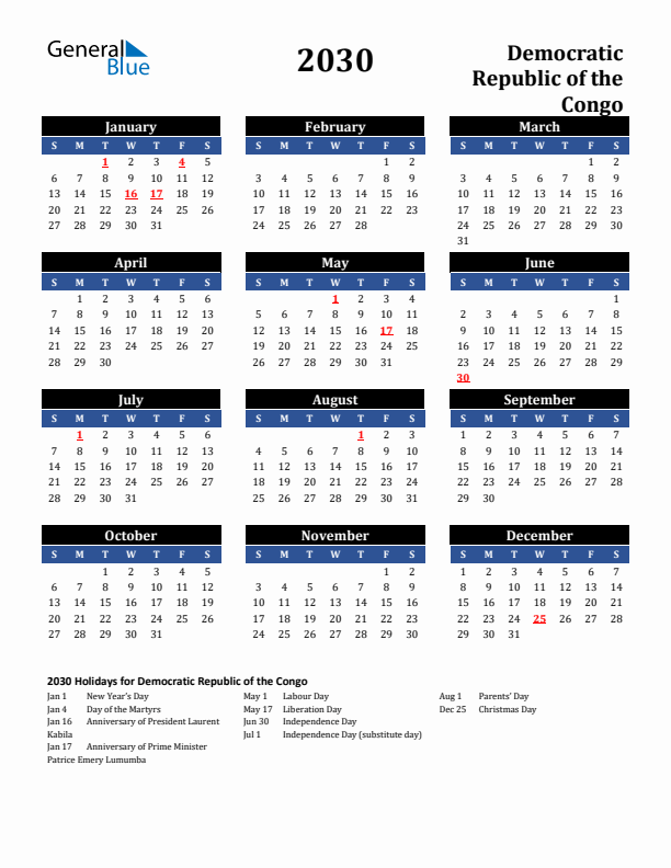 2030 Democratic Republic of the Congo Holiday Calendar