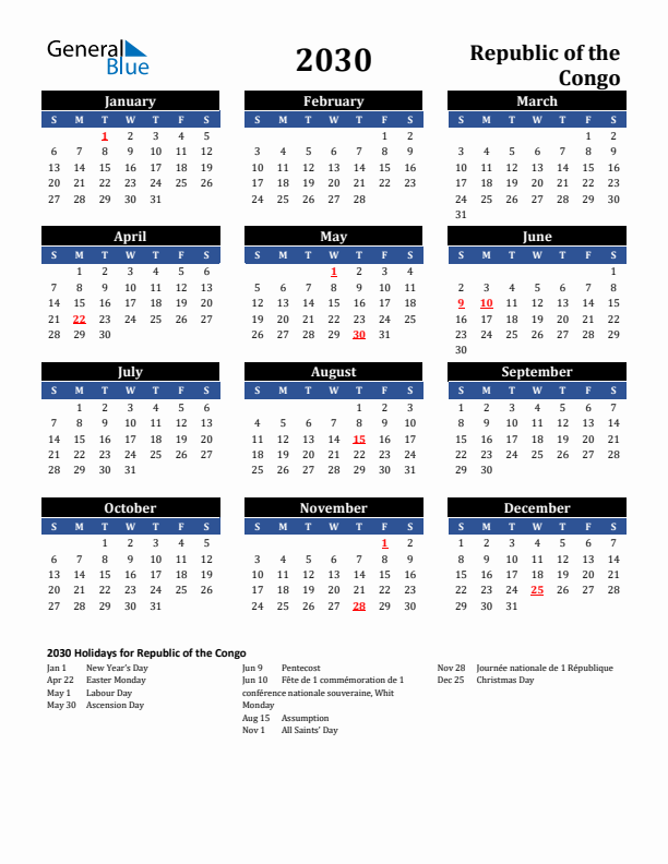 2030 Republic of the Congo Holiday Calendar