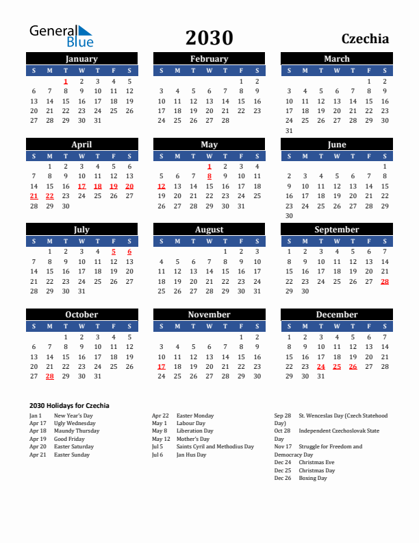 2030 Czechia Holiday Calendar