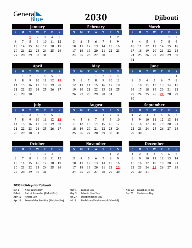 2030 Djibouti Holiday Calendar