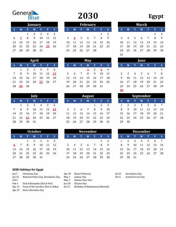 2030 Egypt Holiday Calendar