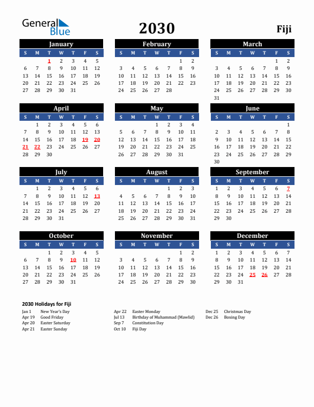 2030 Fiji Holiday Calendar