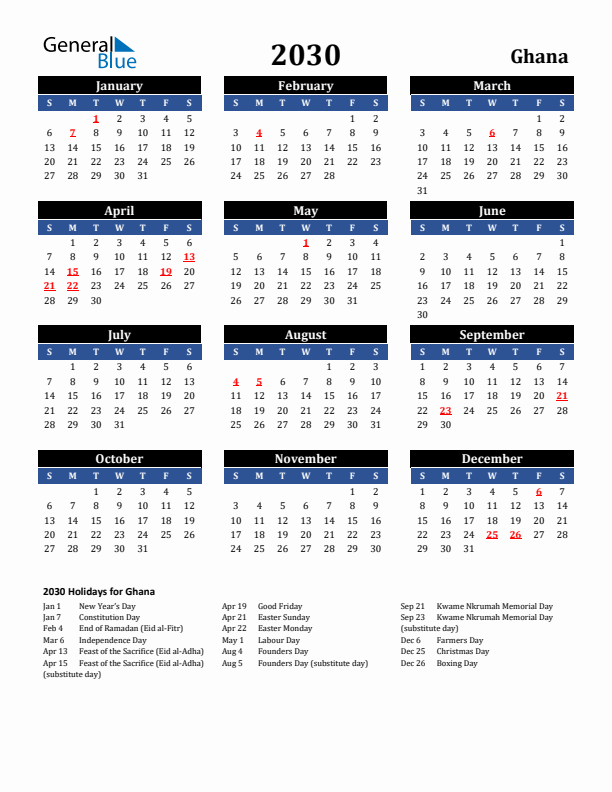 2030 Ghana Holiday Calendar