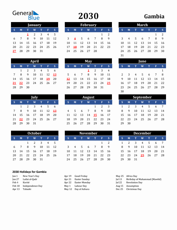2030 Gambia Holiday Calendar