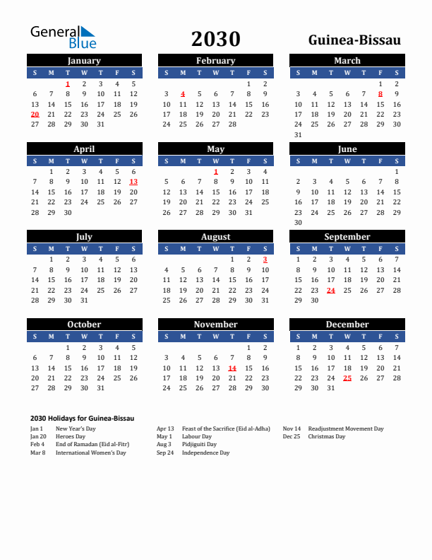 2030 Guinea-Bissau Holiday Calendar