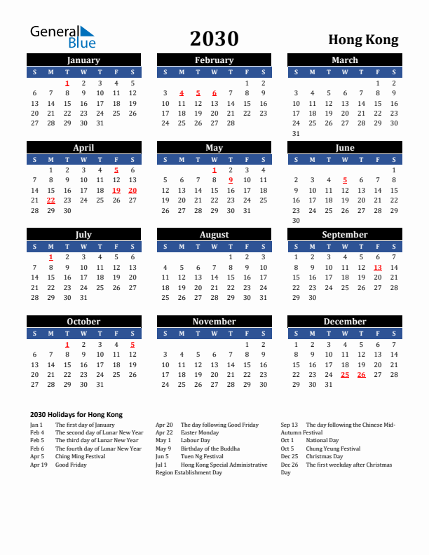 2030 Hong Kong Holiday Calendar