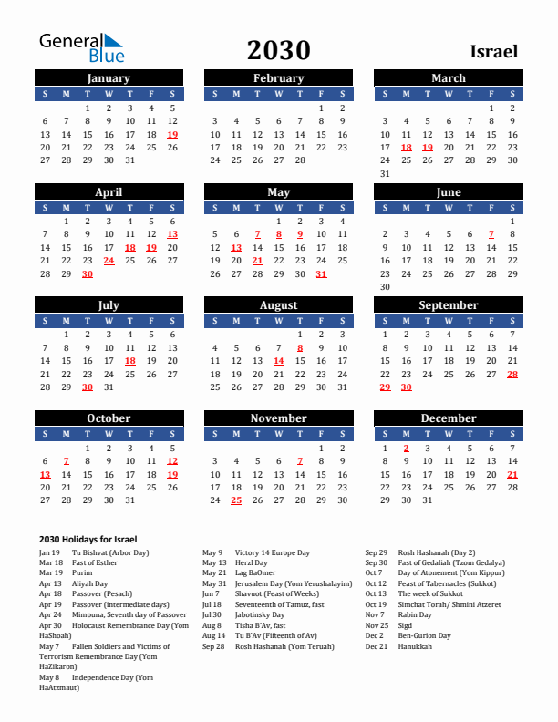 2030 Israel Holiday Calendar