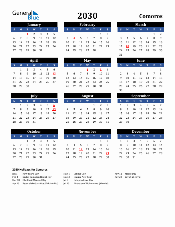 2030 Comoros Holiday Calendar