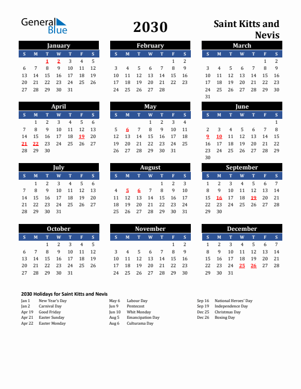 2030 Saint Kitts and Nevis Holiday Calendar