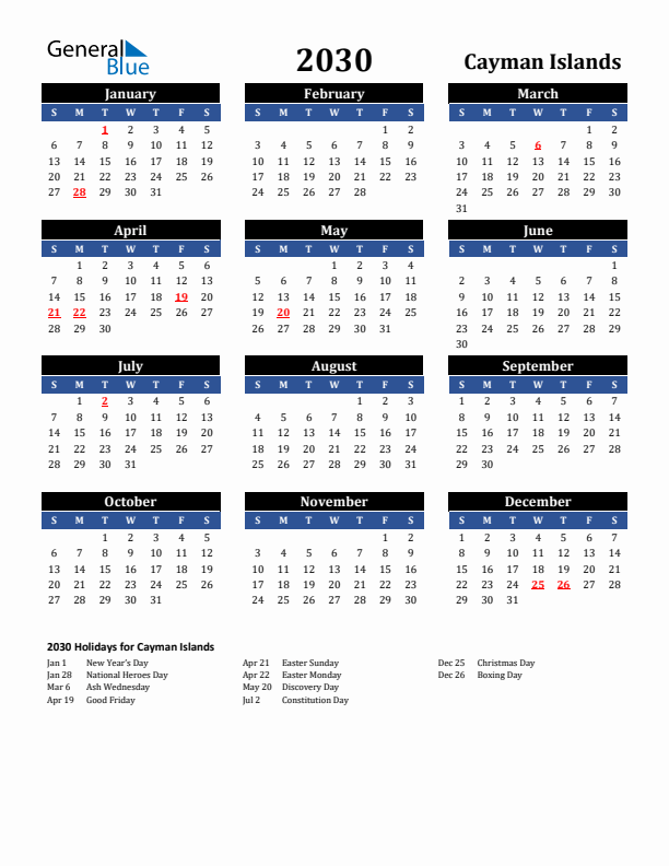2030 Cayman Islands Holiday Calendar