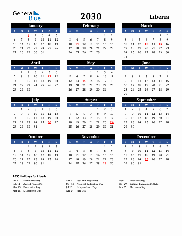 2030 Liberia Holiday Calendar
