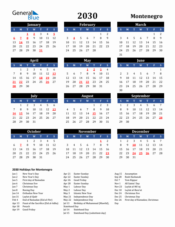 2030 Montenegro Holiday Calendar