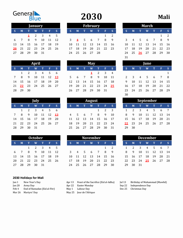 2030 Mali Holiday Calendar