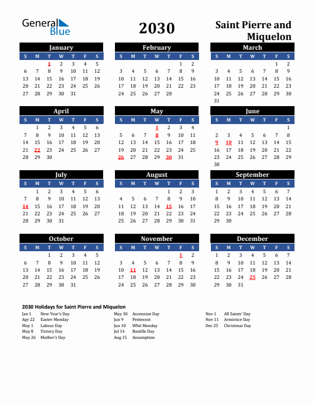 2030 Saint Pierre and Miquelon Holiday Calendar