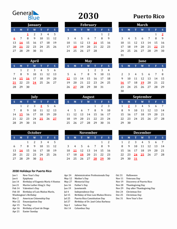 2030 Puerto Rico Holiday Calendar