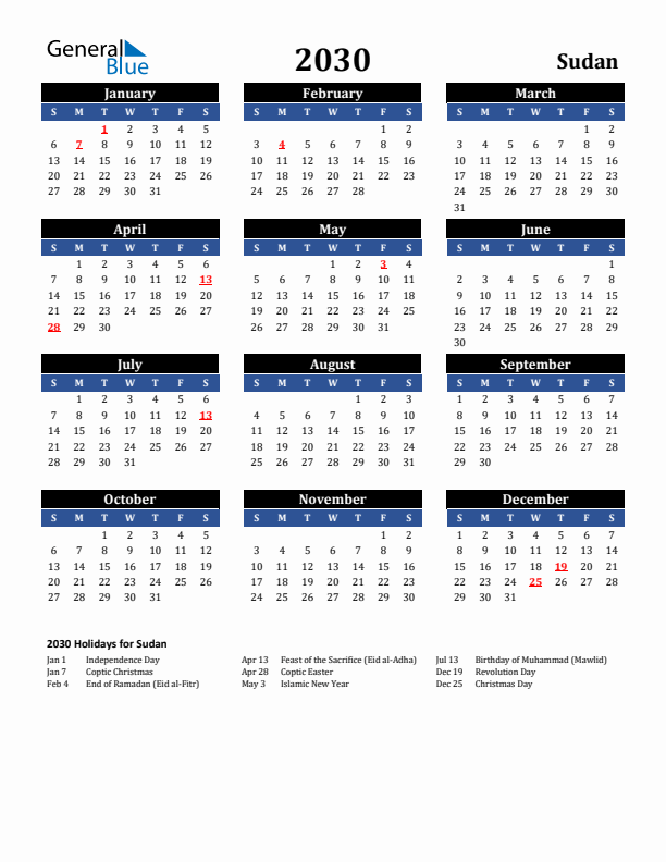 2030 Sudan Holiday Calendar