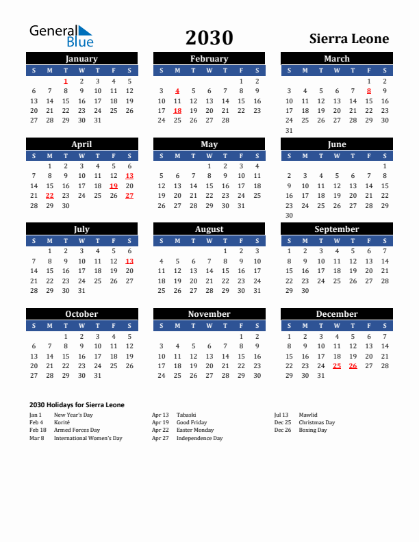 2030 Sierra Leone Holiday Calendar