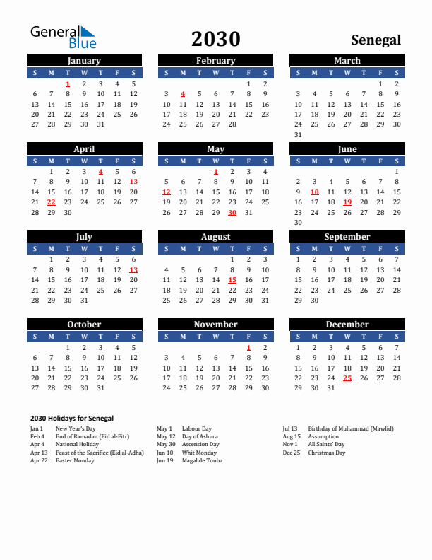 2030 Senegal Holiday Calendar