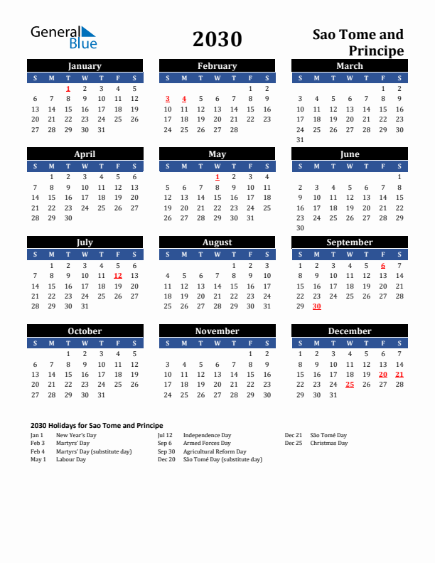 2030 Sao Tome and Principe Holiday Calendar