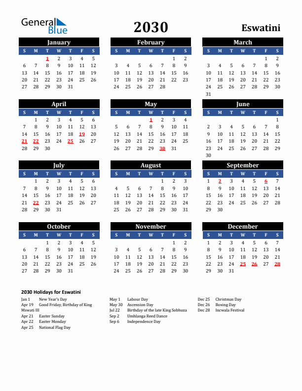 2030 Eswatini Holiday Calendar