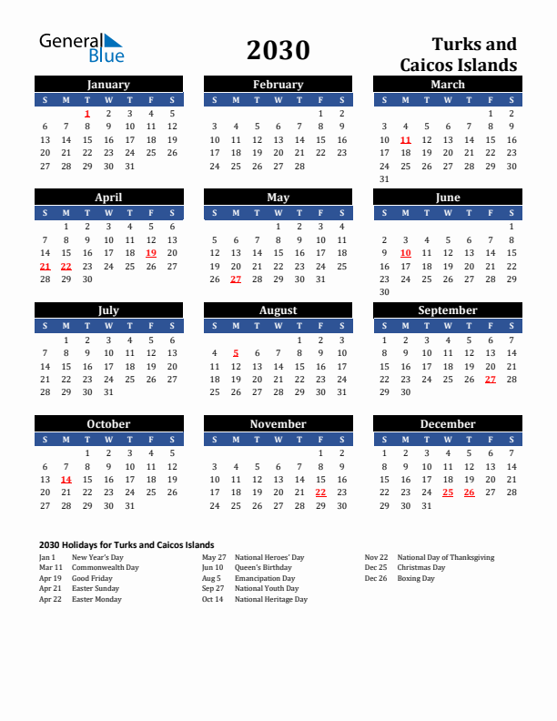 2030 Turks and Caicos Islands Holiday Calendar