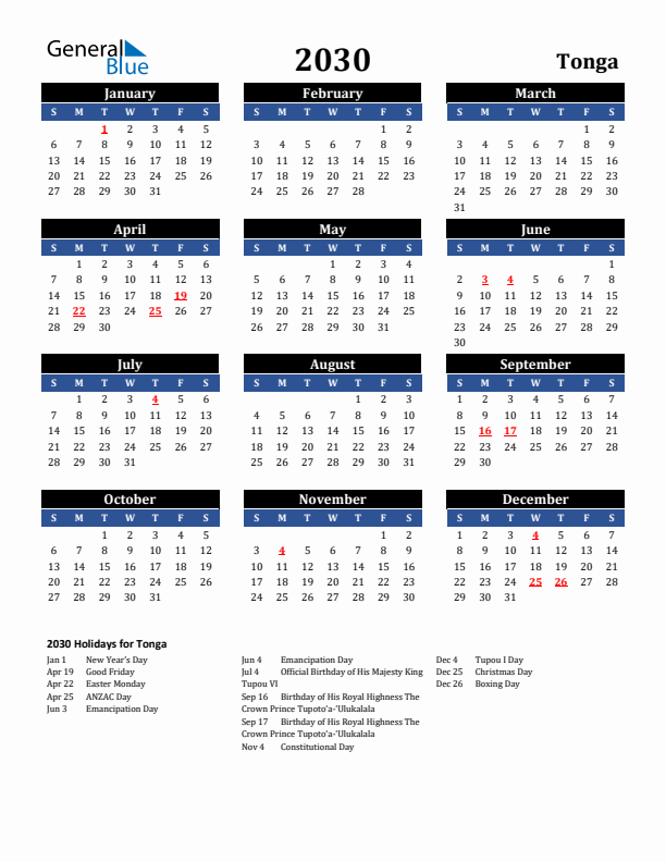 2030 Tonga Holiday Calendar