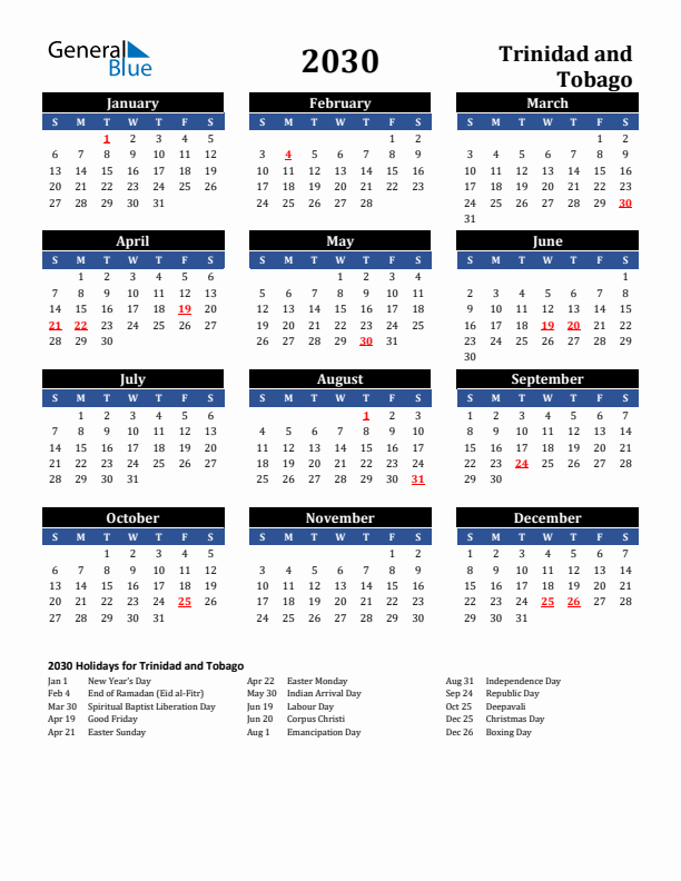 2030 Trinidad and Tobago Holiday Calendar